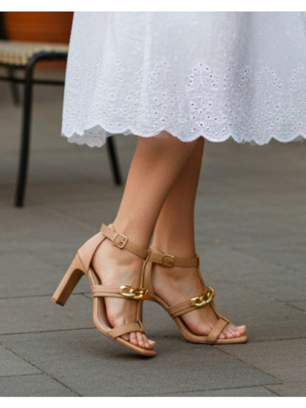 Gold Chain Accent Nude High Heel Sandals With Buckle Strap